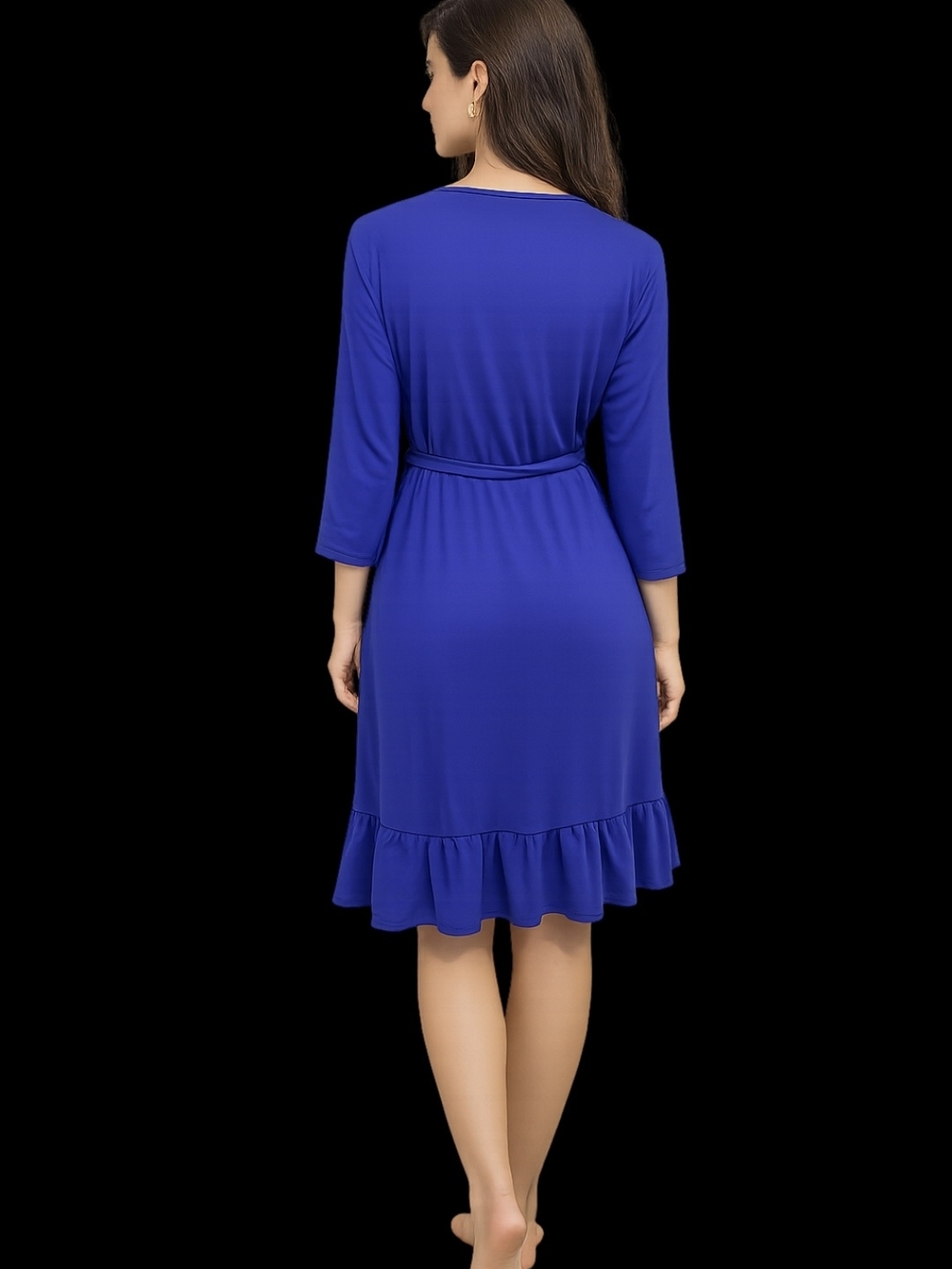 V-Neck Wrap Midi Dress in Royal Blue with Ruffle Hem - Picture 2 of 3